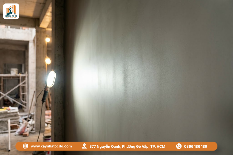 Bức tường hoàn thiện sau khi áp dụng kỹ thuật đóng lưới mắt cáo, phẳng mịn tuyệt đối.