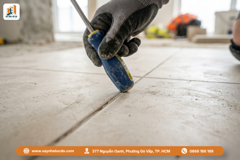 Kiểm tra độ bám dính của gạch trong quy trình nghiệm thu ốp lát gạch.