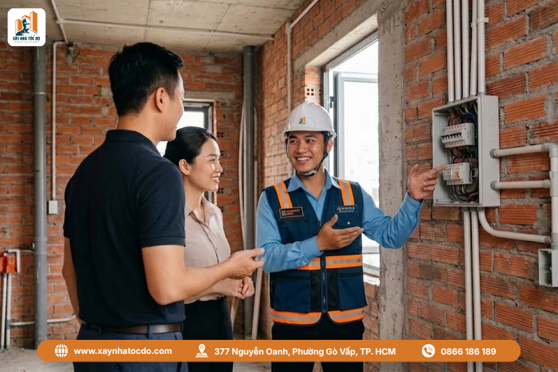 Chủ đầu tư giám sát công trình cùng kỹ sư để đảm bảo an toàn điện trong xây dựng.