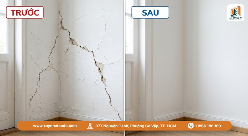 So sánh hình ảnh trước và sau khi dùng kỹ thuật đóng lưới mắt cáo để xử lý nứt tường.
