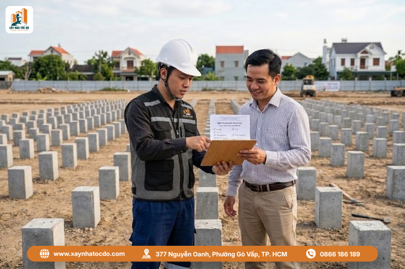 Chủ đầu tư cùng kỹ sư giám sát checklist trong quy trình thi công nghiệm thu ép cọc tại công trình.