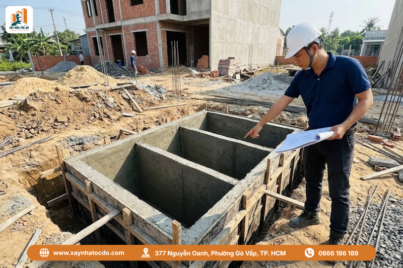 Toàn cảnh quy trình nghiệm thu bể phốt 3 ngăn tiêu chuẩn tại công trình thực tế của Xây Nhà Tốc Độ.