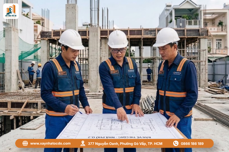 Đội ngũ kỹ sư đang trao đổi bản vẽ, thể hiện kinh nghiệm lựa chọn nhà thầu xây dựng chuyên nghiệp.
