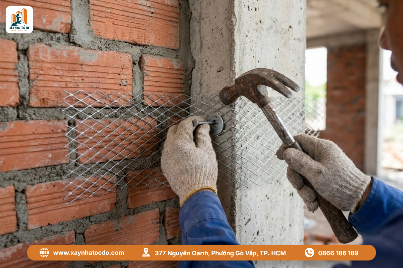Thợ thi công đang thực hiện quy cách đóng lưới thép đúng chuẩn.