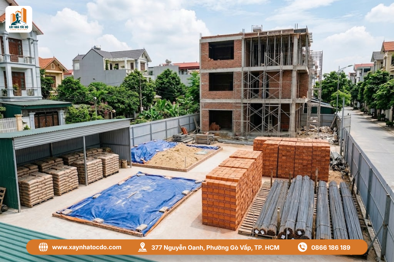 Công trường ngăn nắp giúp kiểm soát định mức và hao hụt vật tư xây tô tốt hơn.