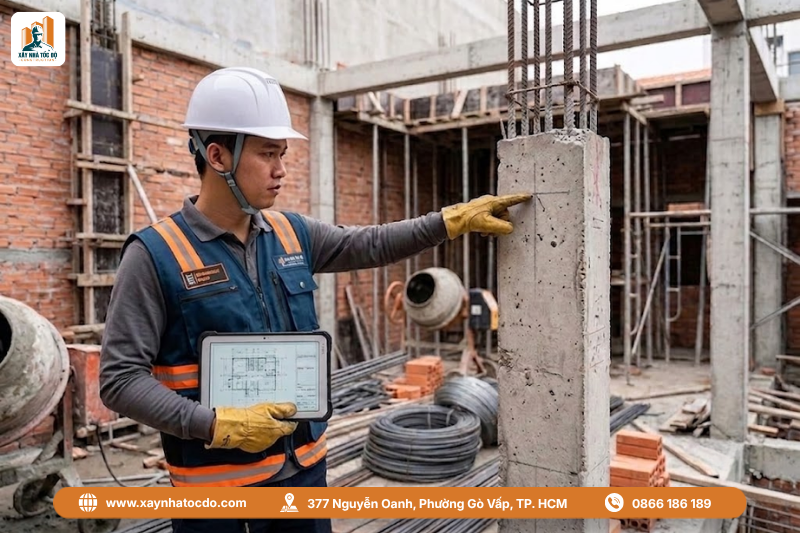 Kỹ sư Xây Nhà Tốc Độ kiểm tra thực tế theo đúng tiêu chuẩn nghiệm thu thi công.