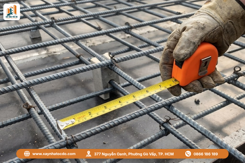 Kiểm tra cốt thép móng theo tiêu chuẩn nghiệm thu thi công trước khi đổ bê tông.