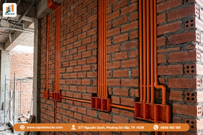 Hình ảnh thi công đường ống điện âm tường đúng kỹ thuật, một phần trong quy trình nghiệm thu hệ thống điện.