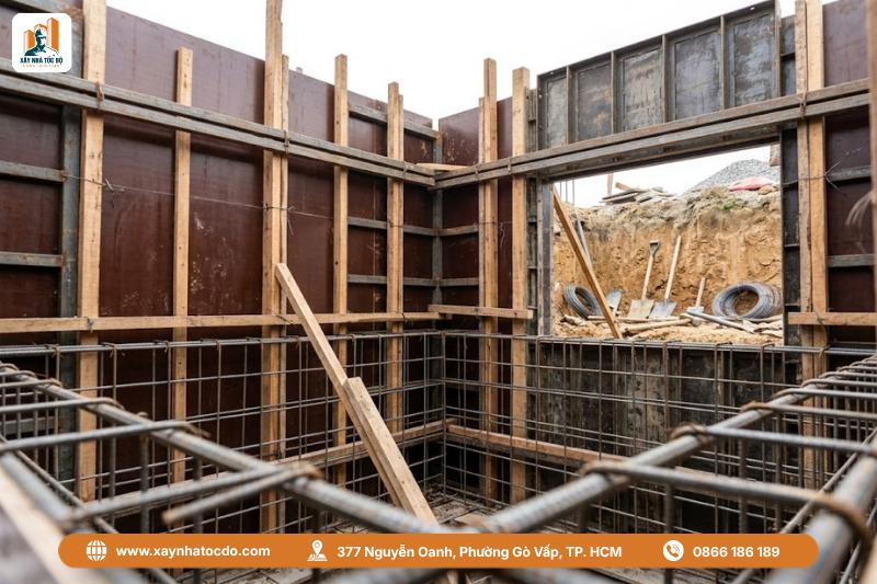 Một phần của quy trình nghiệm thu bể phốt là kiểm tra coppha (ván khuôn) đã được gia cố chắc chắn.