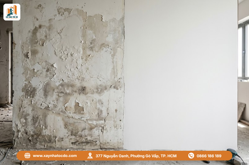 So sánh tường được xử lý bề mặt đúng tiêu chuẩn (bên phải) và tường bị bong tróc (bên trái).