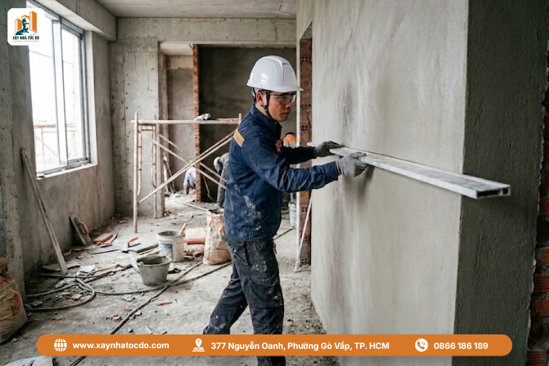 Dùng thước nhôm kiểm tra độ phẳng của tường sau khi tô trát theo tiêu chuẩn nghiệm thu thi công.