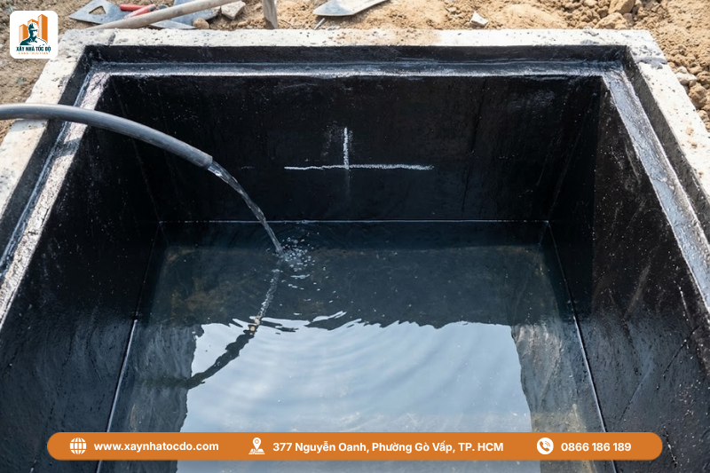 Cách nghiệm thu bể phốt bằng phương pháp ngâm nước thử thấm sau khi quét chống thấm.
