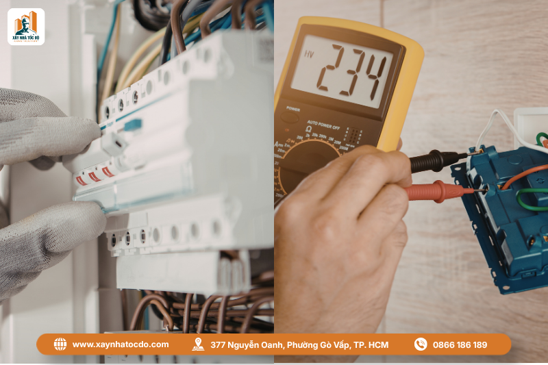 Kỹ sư sử dụng đồng hồ vạn năng để đo thông mạch trong quy trình nghiệm thu hệ thống điện.