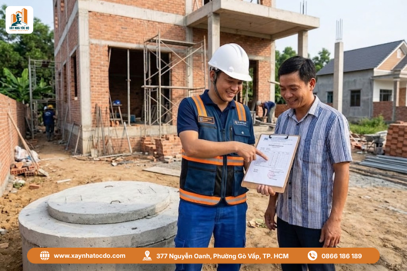 Chủ nhà kiểm tra biên bản trong quy trình nghiệm thu bể phốt cùng kỹ sư giám sát.