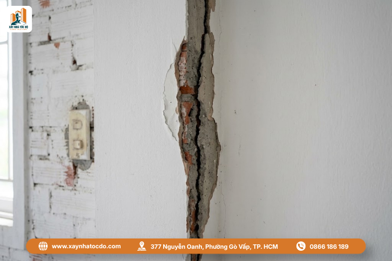 Vết nứt tường giáp lai do không tuân thủ quy cách đóng lưới thép.