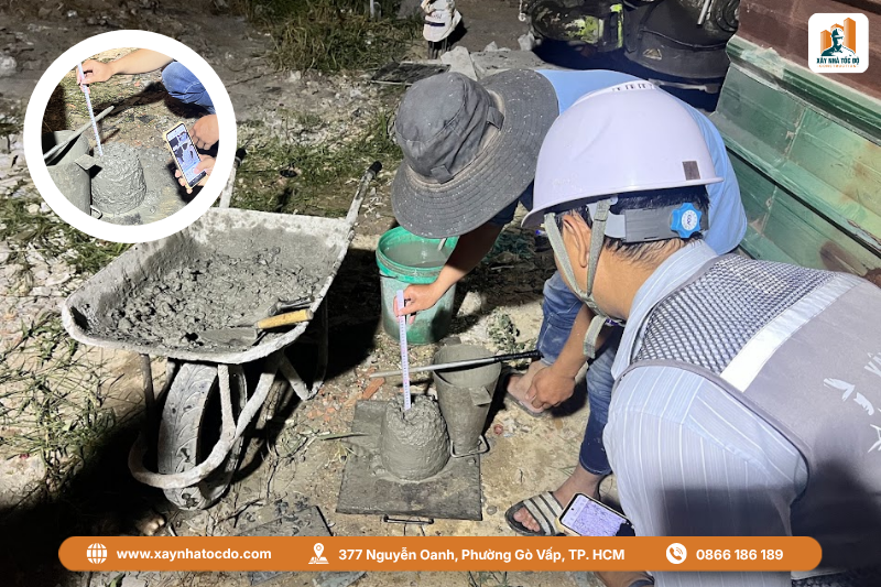 Thực hiện kiểm tra độ sụt bê tông để nghiệm thu tỷ lệ trộn vữa, bê tông chính xác.