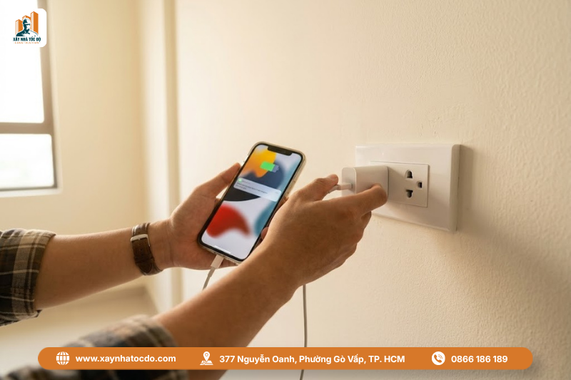 Chủ nhà tự kiểm tra ổ cắm bằng sạc điện thoại, một mẹo trong checklist của quy trình nghiệm thu hệ thống điện.