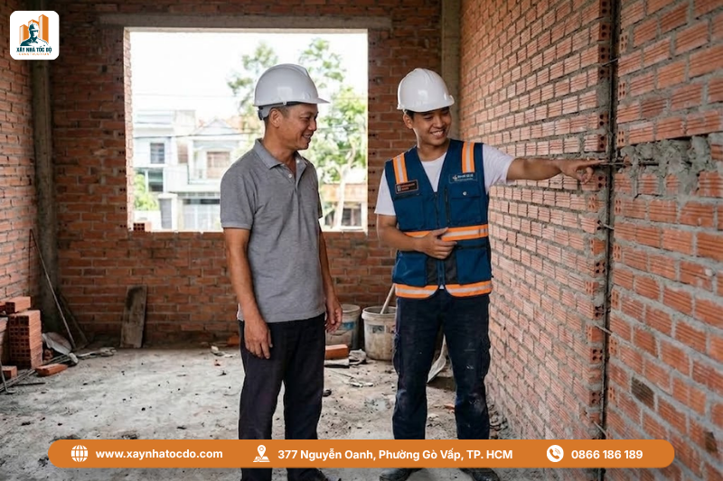 Chủ nhà tự giám sát và quản lý chi phí hiện trường cùng kỹ sư Xây Nhà Tốc Độ.