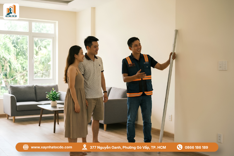 Kỹ sư hướng dẫn gia chủ tự kiểm soát chất lượng thi công các hạng mục cơ bản.