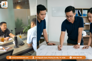 Đội ngũ kỹ sư Xây Nhà Tốc Độ đang xem bản vẽ, một kinh nghiệm xây nhà thô quan trọng.