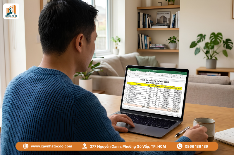 Chủ nhà đang xem bảng dự toán chi phí chi tiết trên laptop, một kinh nghiệm xây nhà thô để kiểm soát ngân sách.