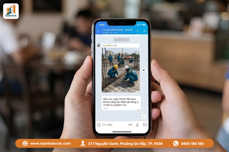 Báo cáo tiến độ công trình online qua Zalo, một phần của hệ báo cáo giám sát từ xa.