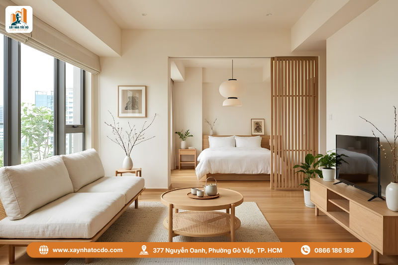 Thiết kế nội thất thiết kế nội thất căn hộ cao cấp phong cách Japandi với vật liệu gỗ và mây tre tự nhiên.