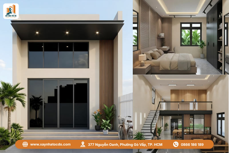Nội thất bên trong một mẫu nhà phố giá rẻ có gác lửng thông minh.