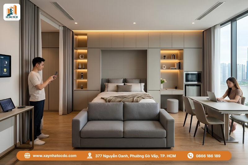 Căn hộ dịch vụ sử dụng mẫu thiết kế nội thất căn hộ cao cấp thông minh như giường gấp và bàn ăn kéo dài.