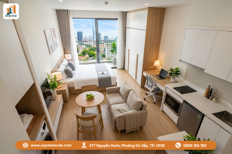 thiết kế nội thất căn hộ cao cấp cho căn 1 phòng ngủ 30m2 khoa học và thông minh.