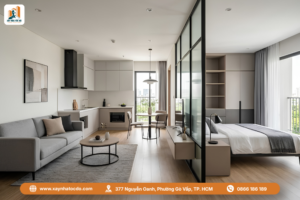 Mẫu nội thất CHDV cao cấp phong cách Tối giản Hiện đại với tông màu trắng xám.
