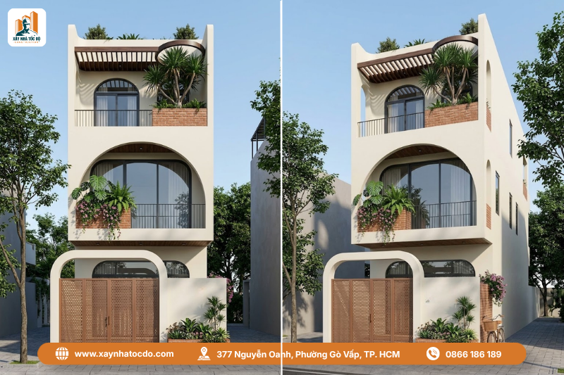 Mẫu kiến trúc nhà phố 2026 hiện đại kết hợp cây xanh và ban công.