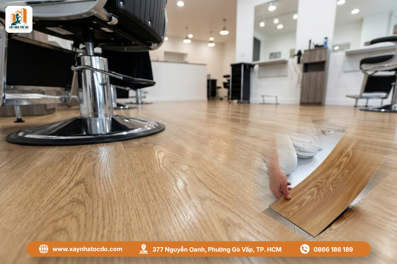 Vật liệu sàn vinyl chống trầy xước trong mẫu nội thất nhà phố kết hợp kinh doanh salon tóc.
