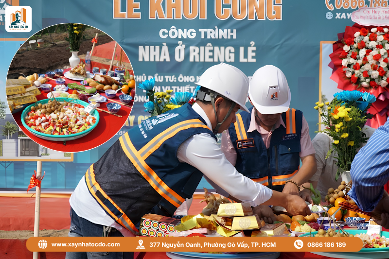 Mâm cúng đầy đủ cho lễ xem ngày khởi công xây nhà.