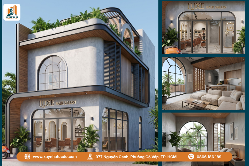 Thiết kế nội thất nhà phố có không gian kinh doanh Hair Salon hiện đại với khu vực cắt tóc, gương lớn và ánh sáng chuyên nghiệp.
