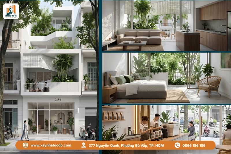 Thiết kế nội thất nhà phố có không gian kinh doanh quán cà phê và trà sữa.