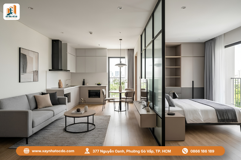 Mẫu thiết kế nội thất căn hộ cao cấp phong cách Tối giản Hiện đại với tông màu trắng xám.